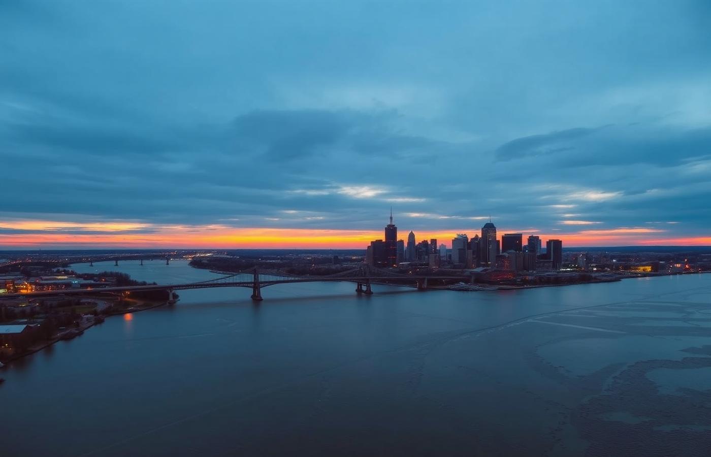 Dusk view of a river city skyline with a bridge crossing the water