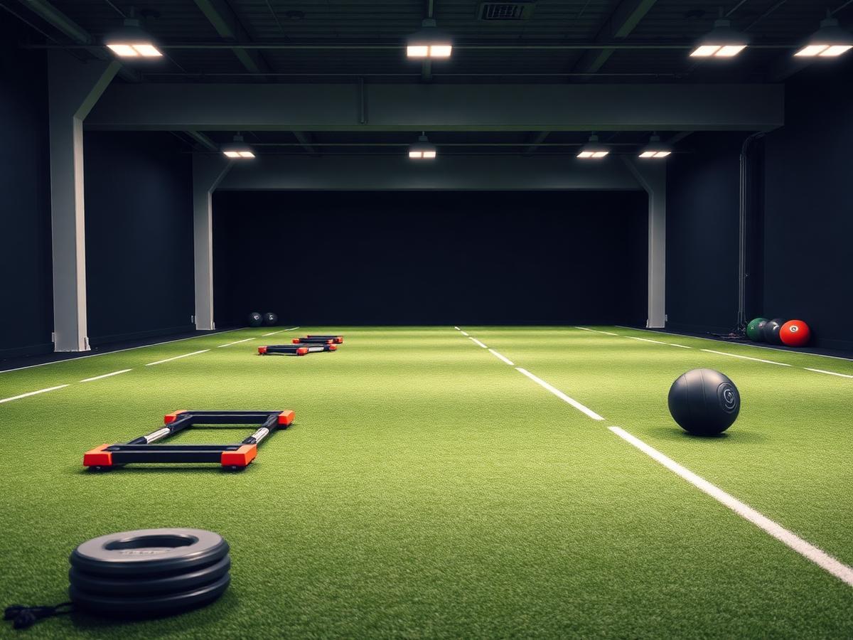 Indoor turf training lane with sleds and medicine balls along the edge